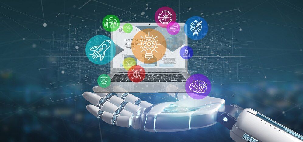 “Illustration of a hand holding a laptop with digital content elements like a brain, people, and icons emerging from the screen” (Focuses on content for accessibility and SEO.)