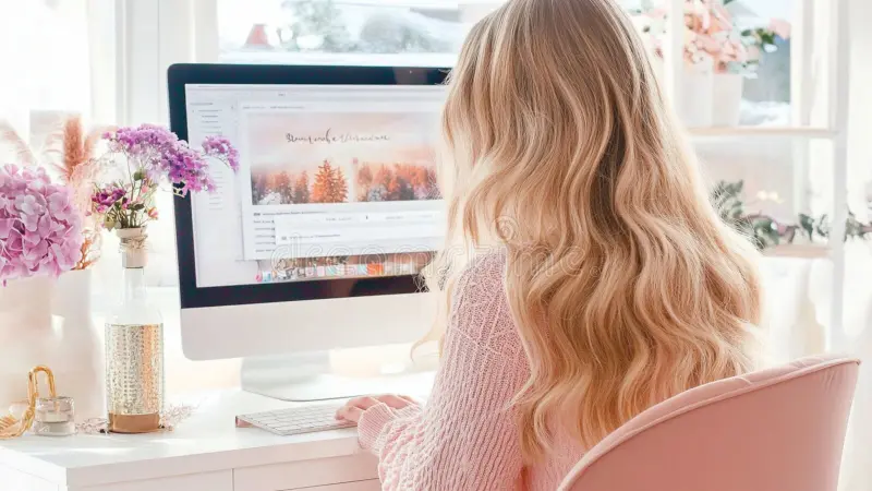 Young female content writer sitting at a desk with a laptop, writing with focus and creativity in a cozy workspace.
